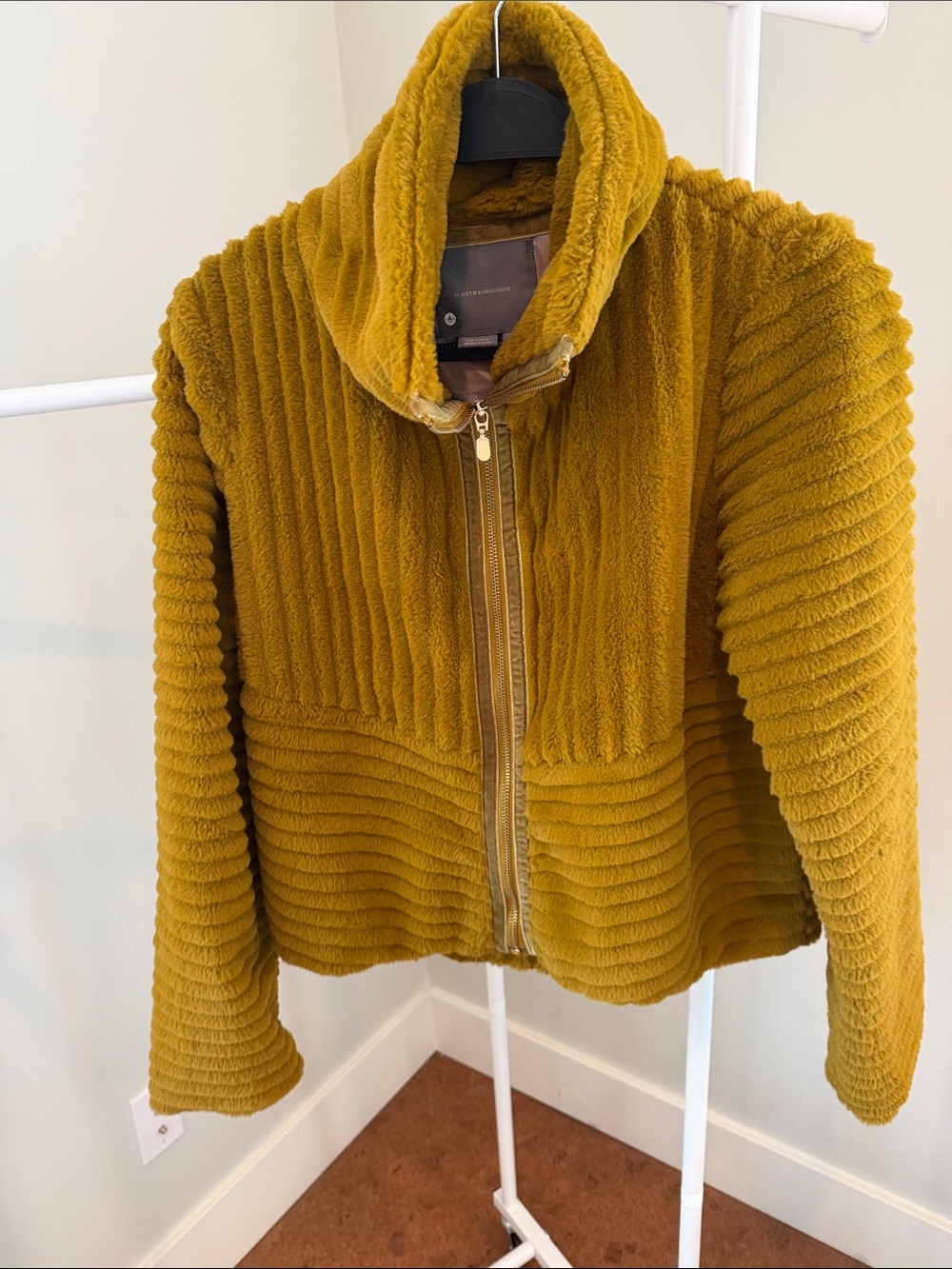 Anthropologie fur Cozy Mustard Ribbed Zip-Front Jacket
